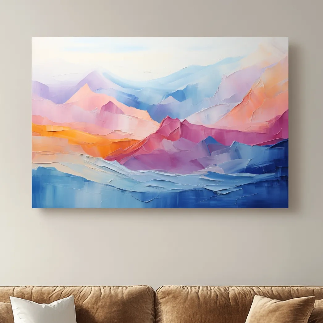Abstract colourful oil painting representing mountains, canvas wall art
