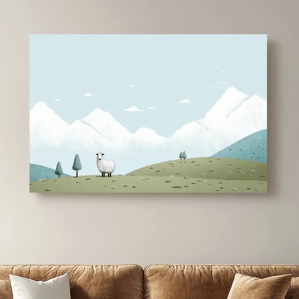 Illustration of a sheep in an alpine landscape