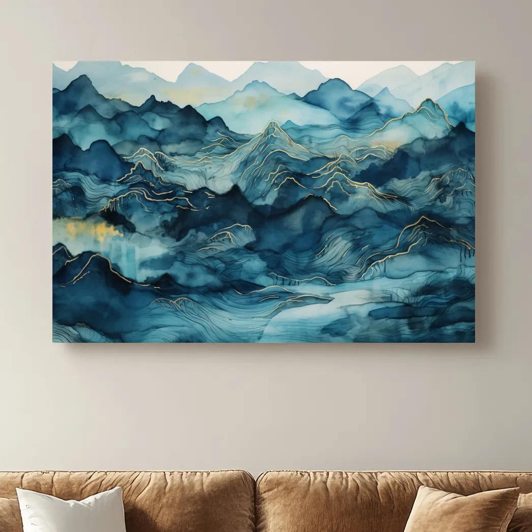 Watercolor Mountain Range With Gold Linework - Abstract Landscape Wall Art