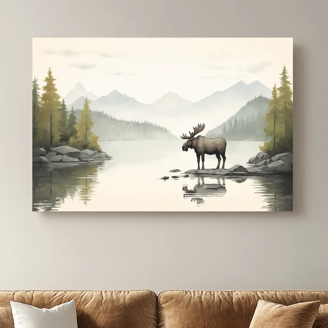 Childrens nursery illustration of a moose by a lake