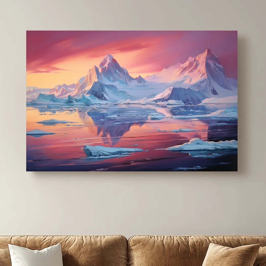 Painting of a sunset over the antarctic glacier