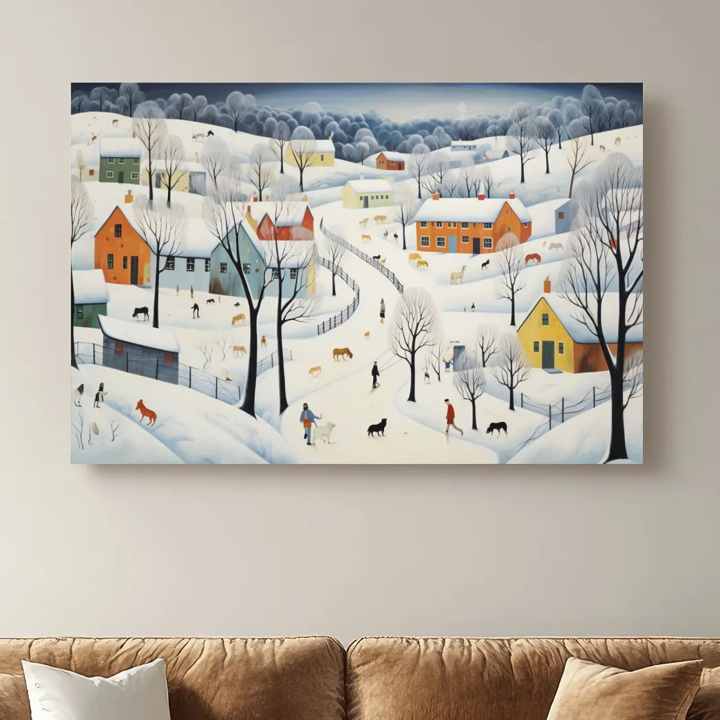 Quirky painting of a mountain village in the snow