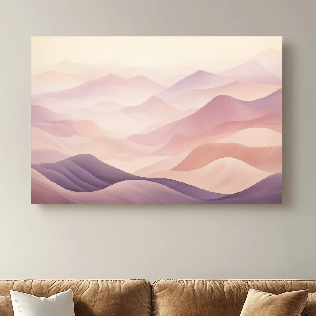 Soft and subtle purple pastel mountains in the fog artwork
