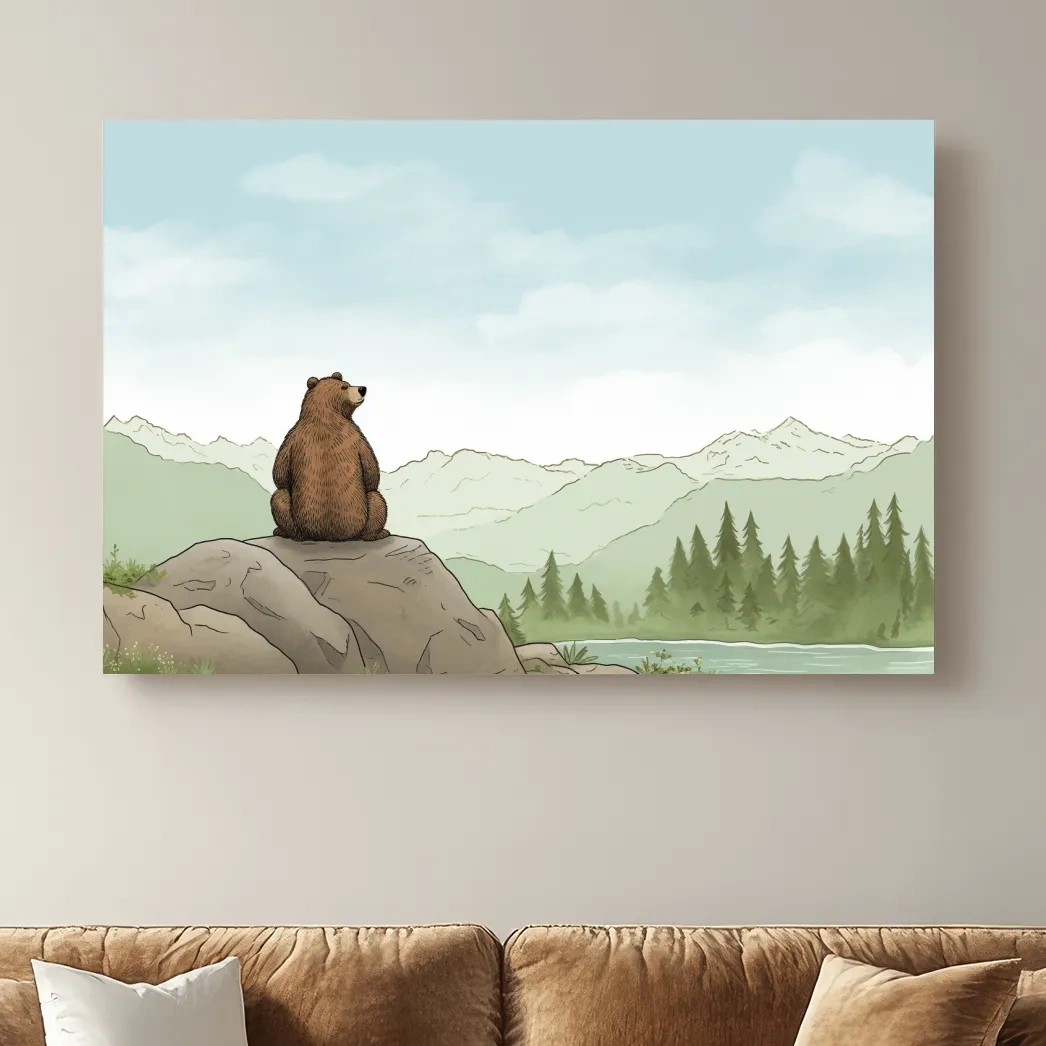 Whimsical Bear Overlooking Mountains - Cute Illustrated Nursery Wall Art