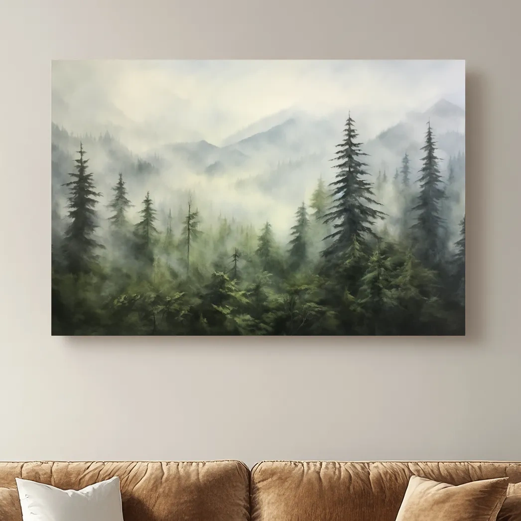 Painting of fog rolling through the trees and mountains