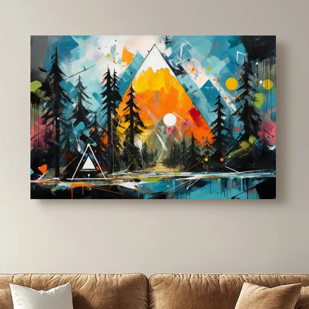 Vibrant Abstract Mountain Sunrise With Pine Forest - Energetic Landscape Wall Art