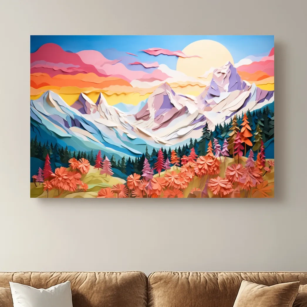 Paper cutout style art of alpine flowers at sunset