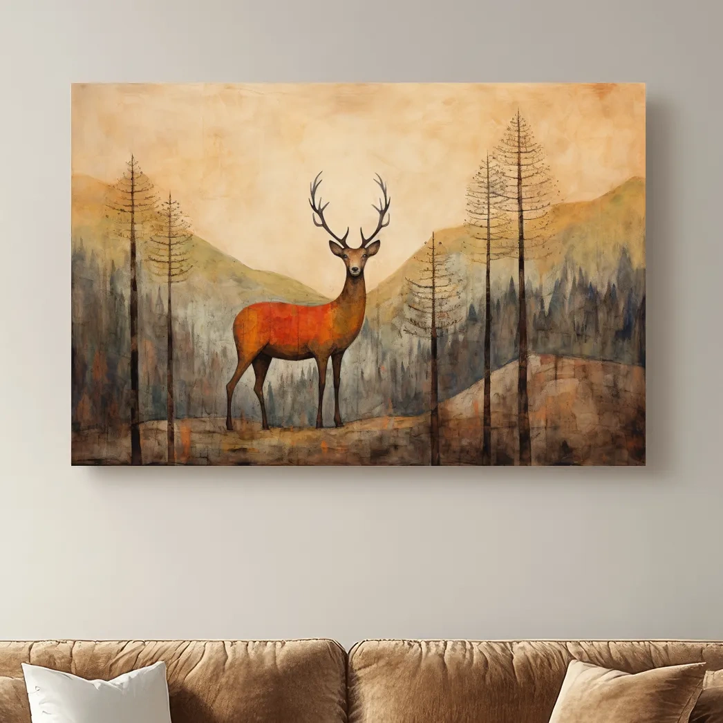 Rustic Woodland Stag Watercolor Painting - Autumn Mountain Forest Wildlife Wall Art
