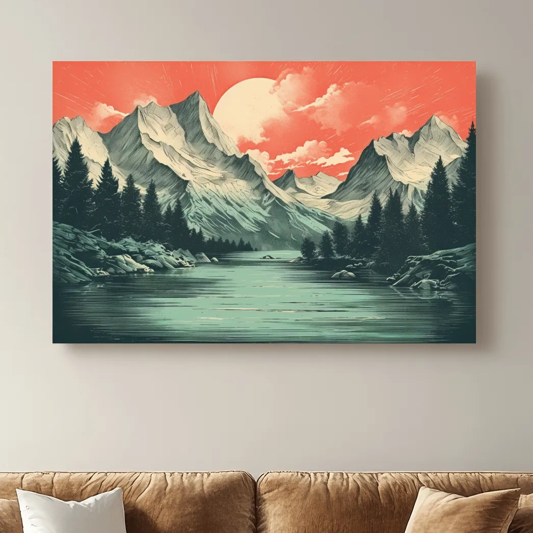 Retro Alpine Mountain Lake Sunset - Vintage Risograph Landscape Wall Art