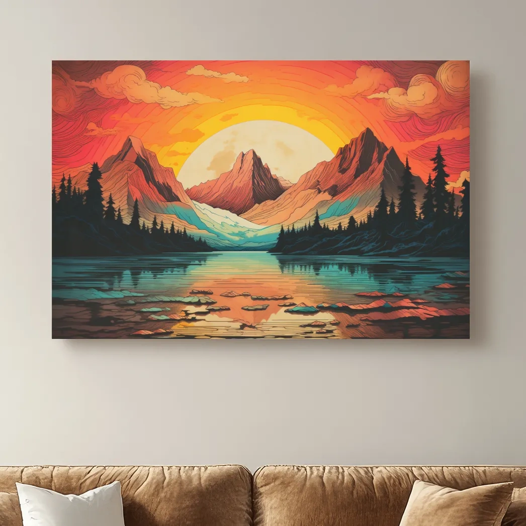 Vibrant illustration of sunset over an alpine lake