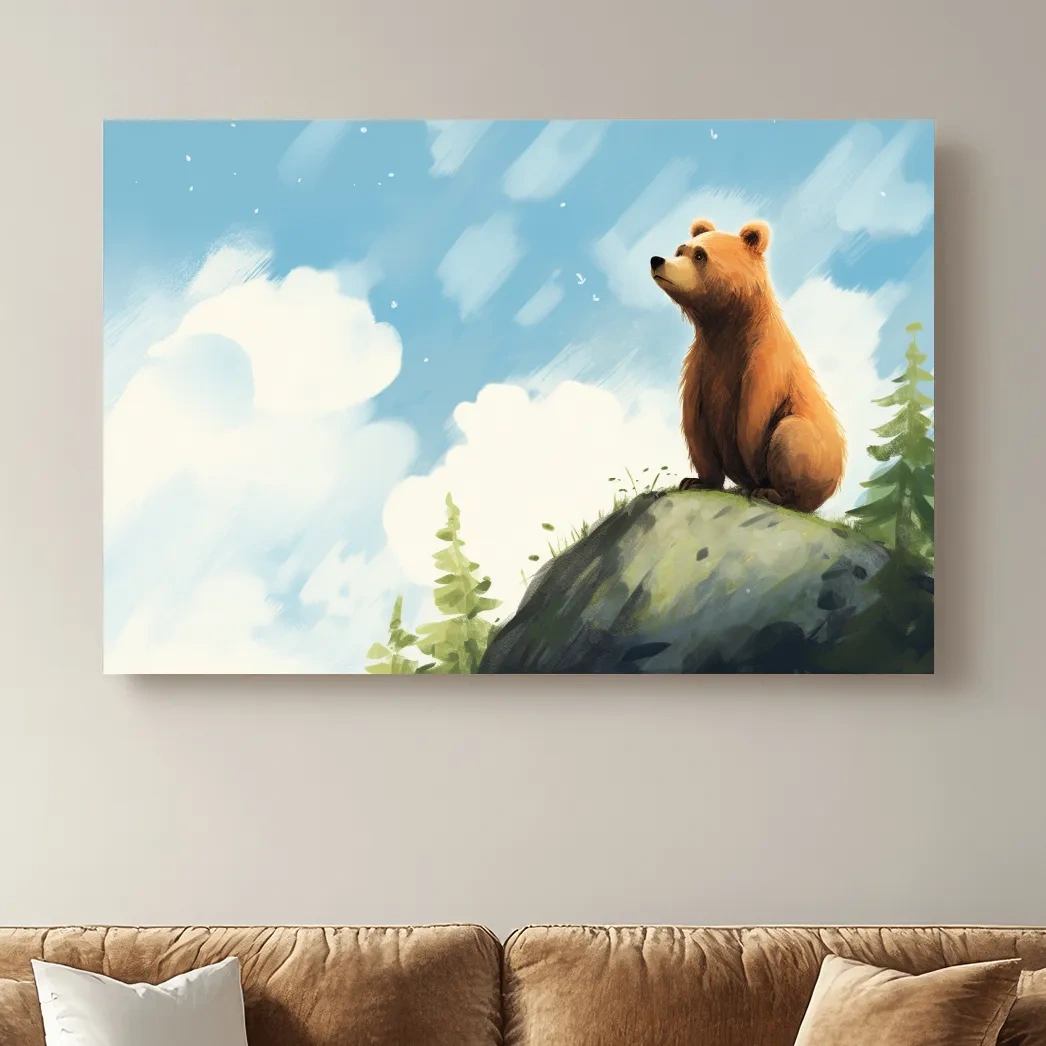 Whimsical Bear Cub On Rocky Peak - Nursery Wildlife Wall Art