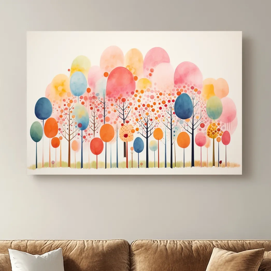 Colorful surreal and whimsical forest painting, pastel colors
