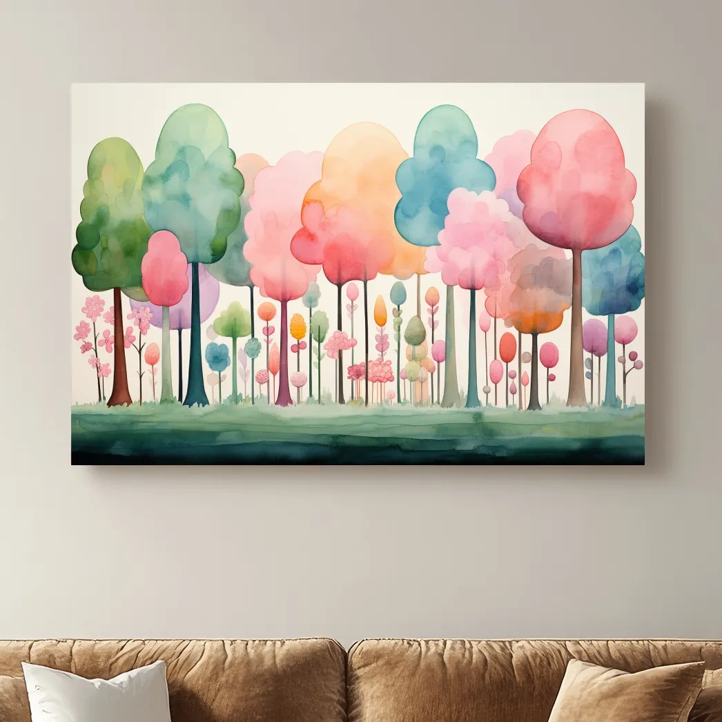 Watercolour painting of a dreamy colourful forest