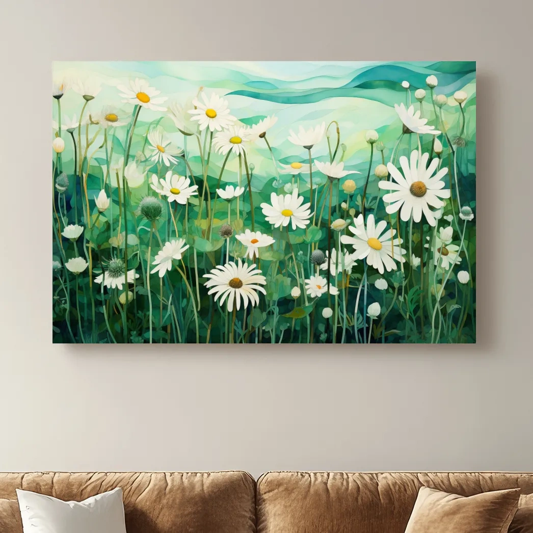 Whimsical Wild Daisy Meadow Landscape - Botanical Watercolor Style Wall Art