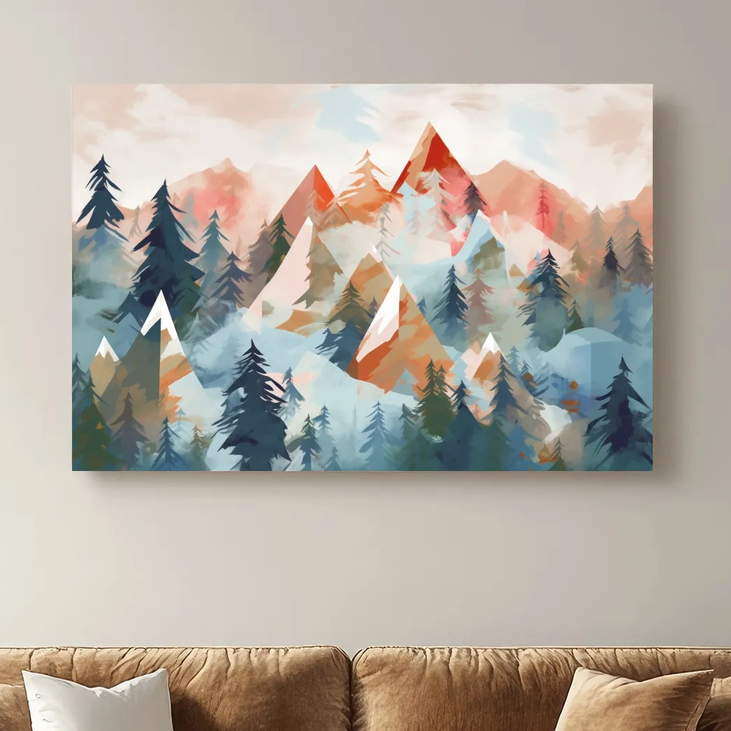 Abstract Watercolor Alpine Mountains And Pine Forest - Modern Geometric Landscape Wall Art