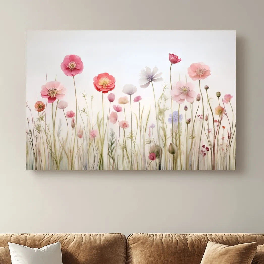 Soft Pastel Wildflower Meadow Watercolor - Minimalist Floral Botanical Wall Art
