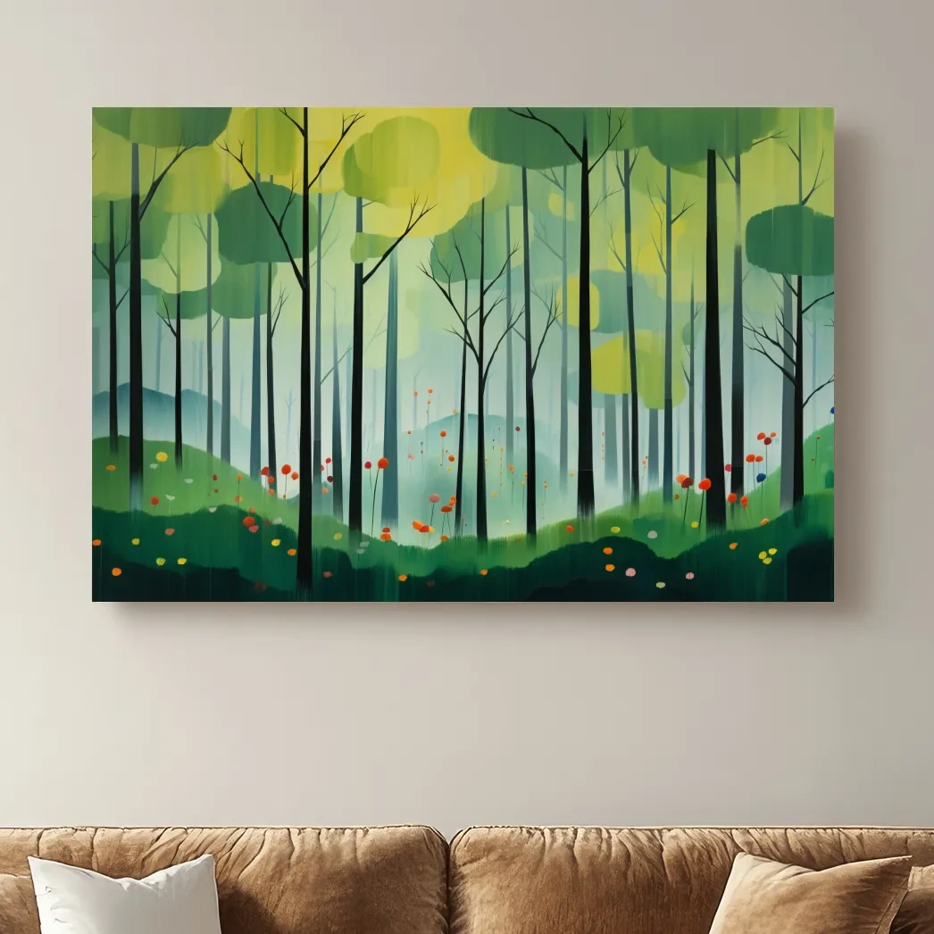 Painting of a bright green forest
