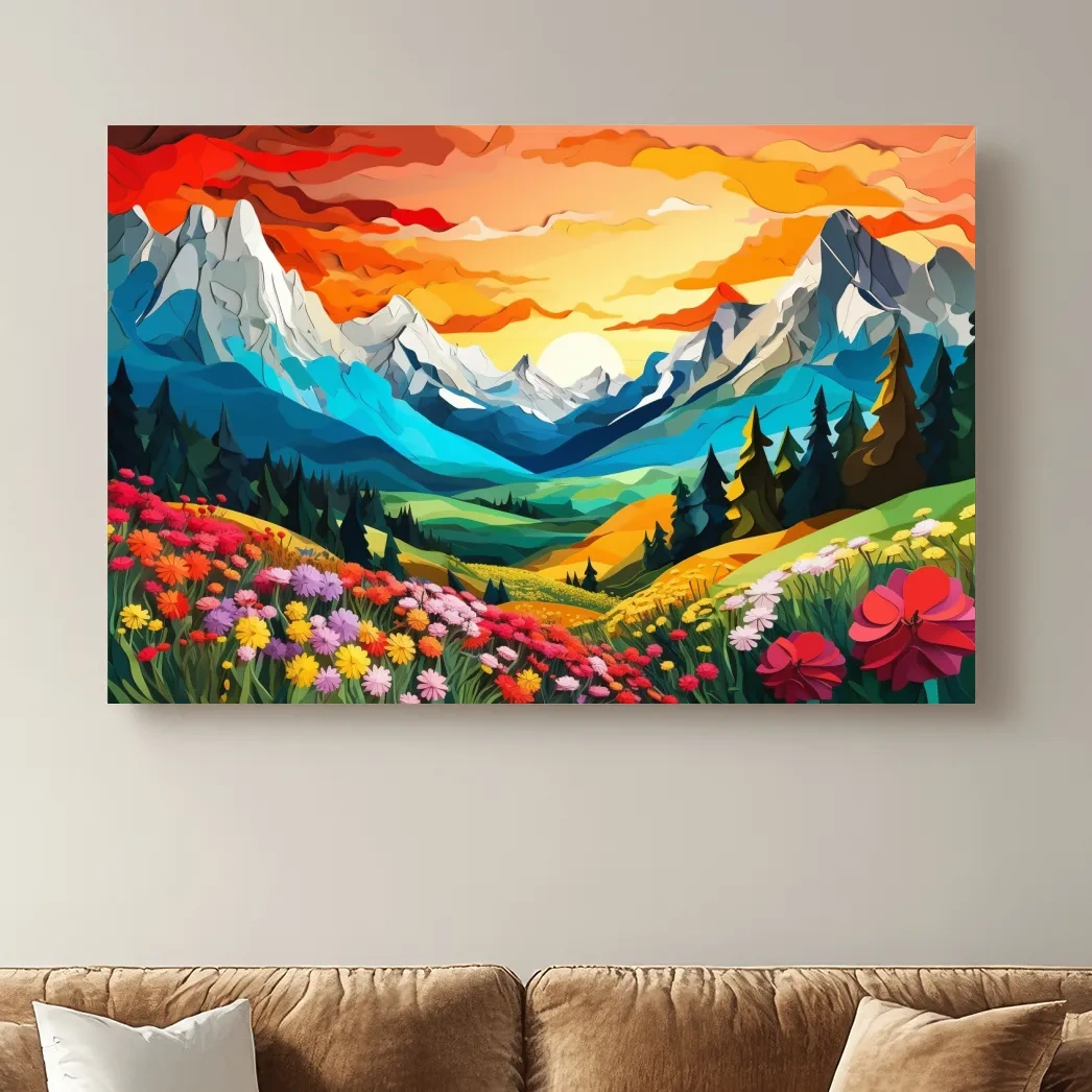 Vibrant Wildflower Mountain Valley Sunset - Colorful Paper Cutout Style Wall Art