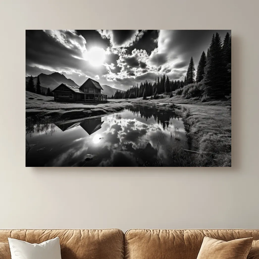 Black and white high contrast photograph of a cabin by the lake