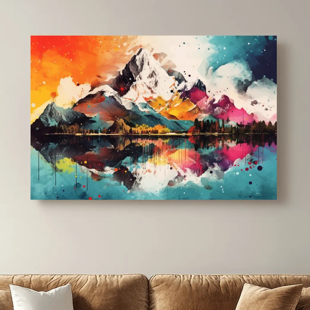 Vibrant Abstract Mountain Lake Collage Artwork - Colorful Watercolor Splash Wall Art