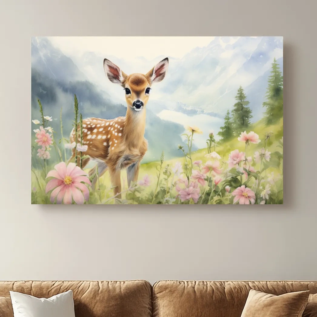 Painting of a deer fawn in the alpine meadows