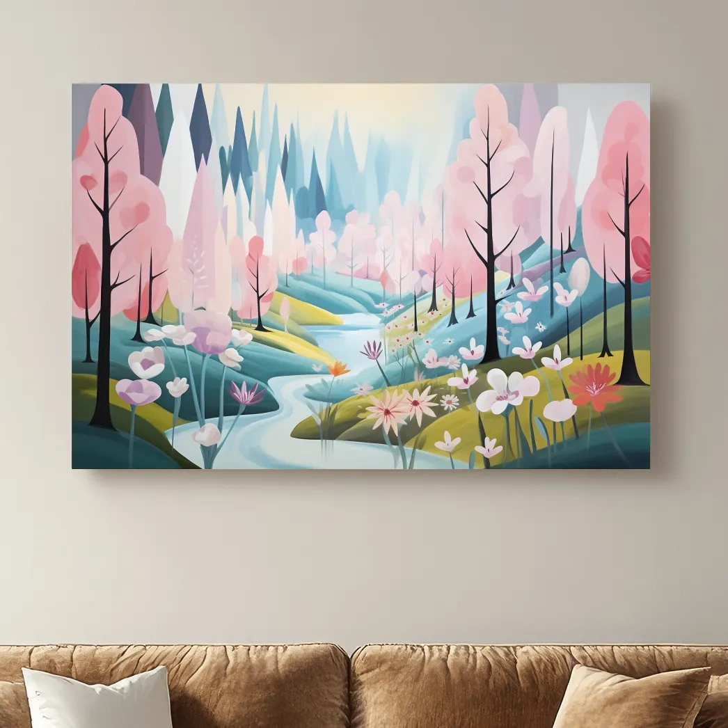 Dreamy Pastel Pink Blossom Forest - Whimsical Floral Landscape Wall Art
