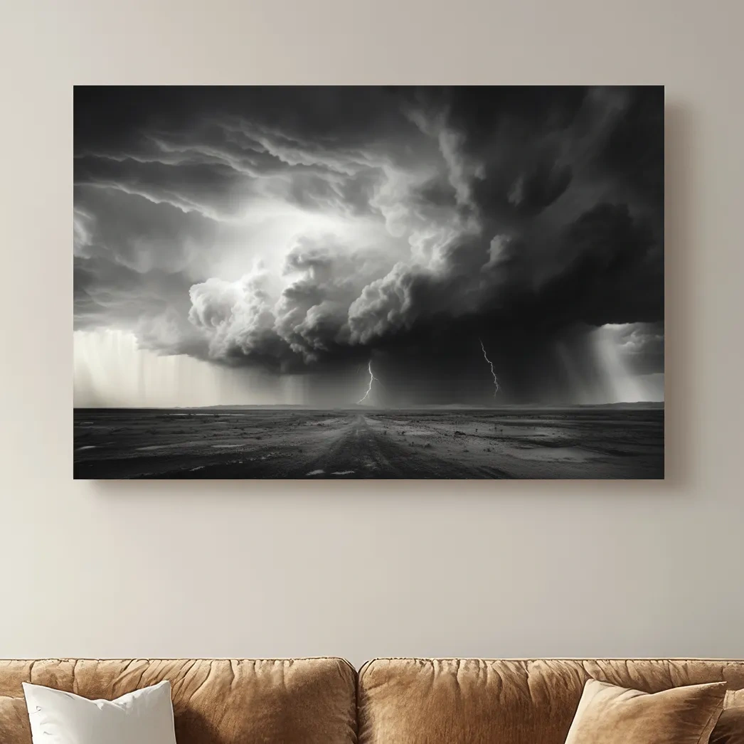 High contrast black and white photo of a lightning storm