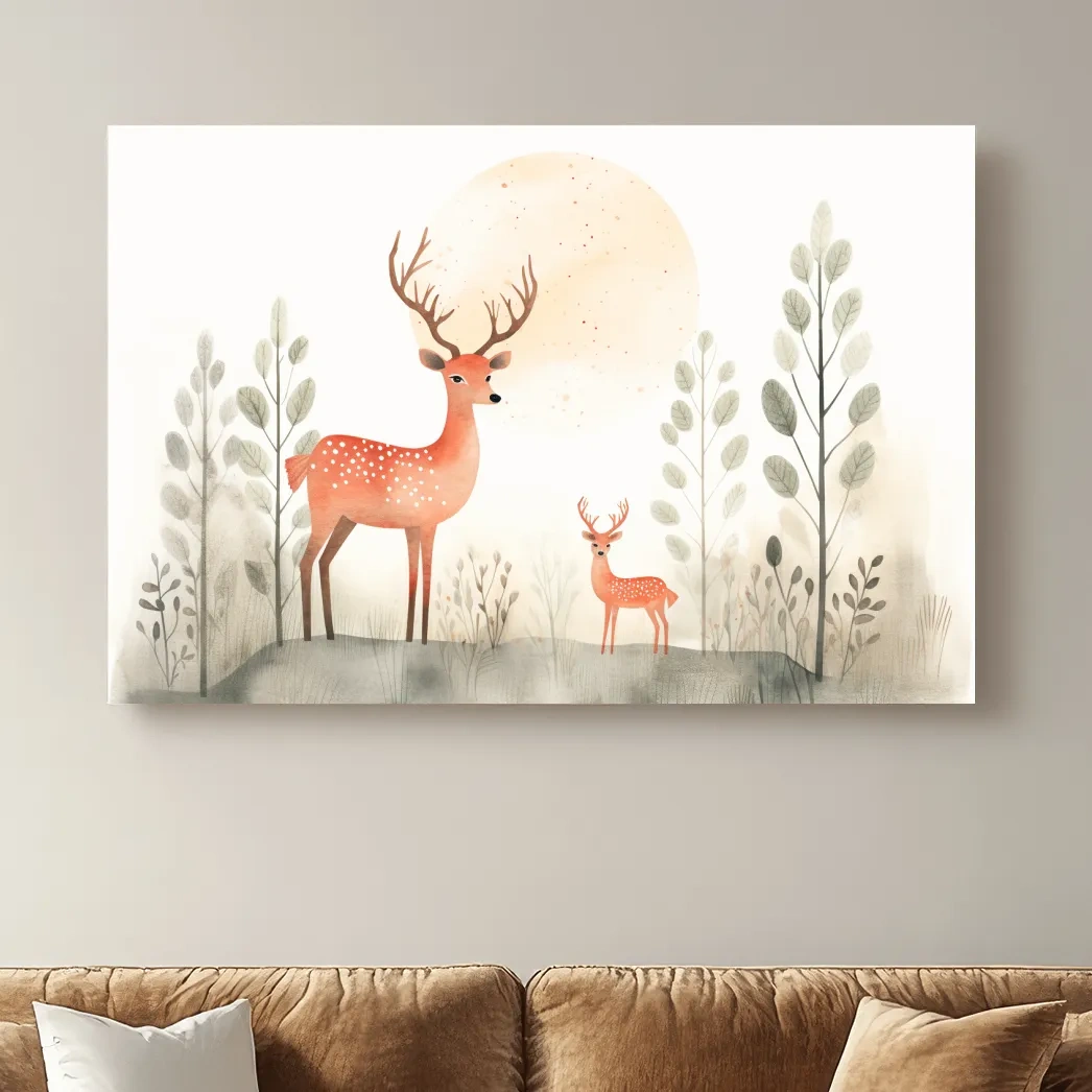Whimsical Watercolor Deer Family Illustration - Scandinavian Nursery Forest Wall Art