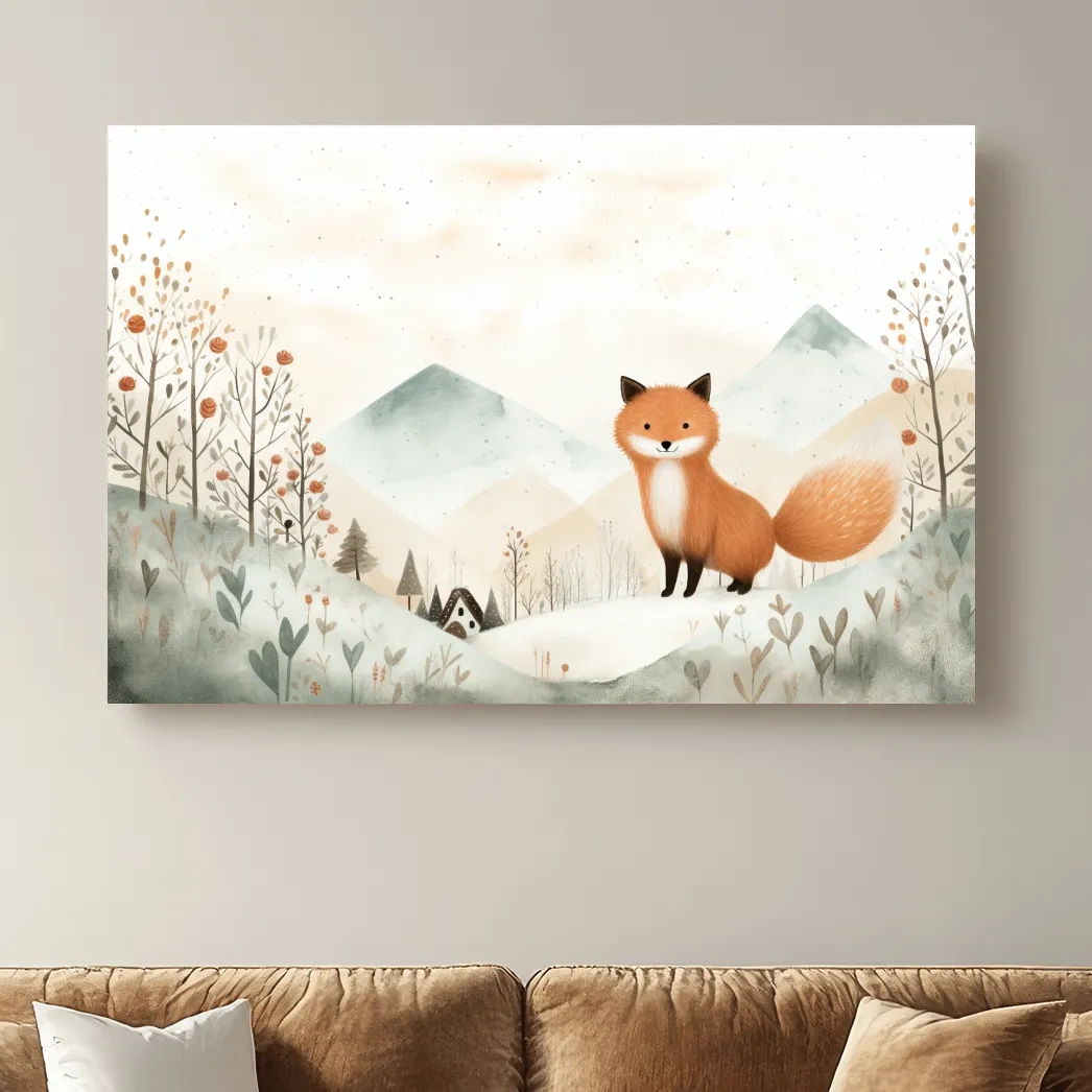 Cute happy fox in the mountains, childrens storybook illustration artwork