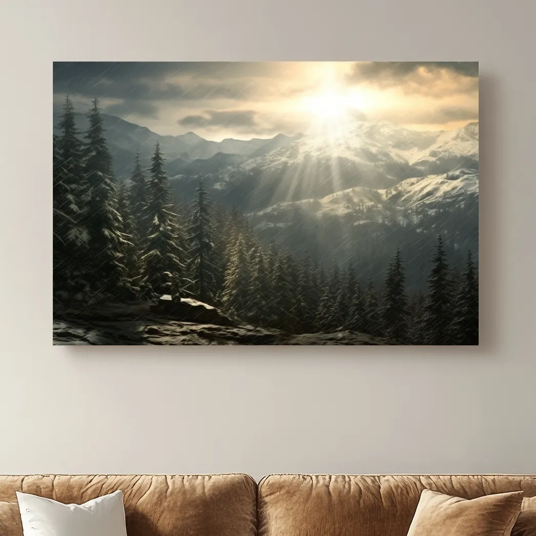 Sunset snowstorm, realistic snow mountain painting