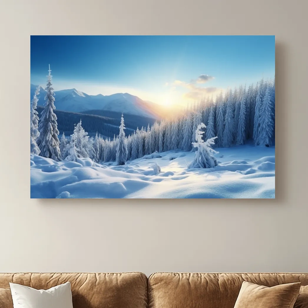 Snow covered alpine trees in the sun, photographic art