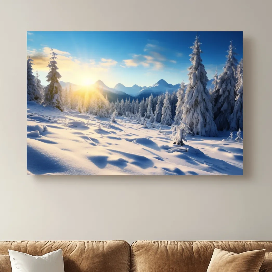 Sunshine on the alpine snow forest, photography art