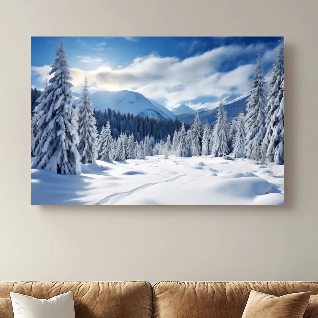 Snowy Alpine Mountain Forest Landscape - Winter Wilderness Photographic Wall Art
