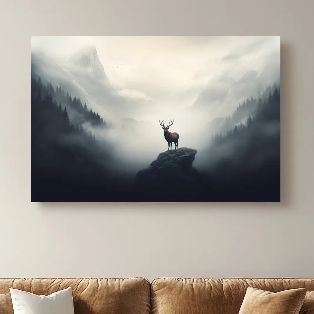 Majestic Stag On Rocky Peak - Misty Mountain Forest Wall Art