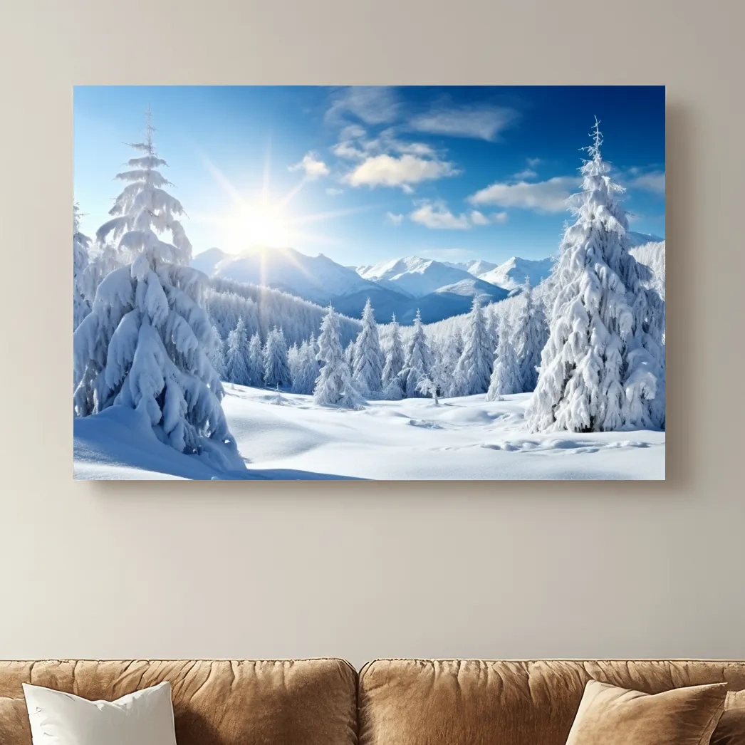 Sunlit Snowy Mountain Winter Landscape - Photographic Alpine Forest Wall Art