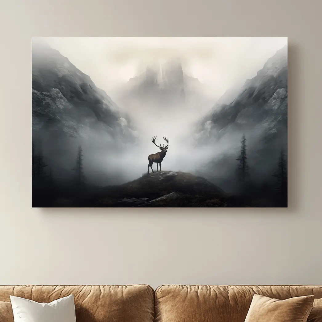 Painting of a majestic deer standing in the fog