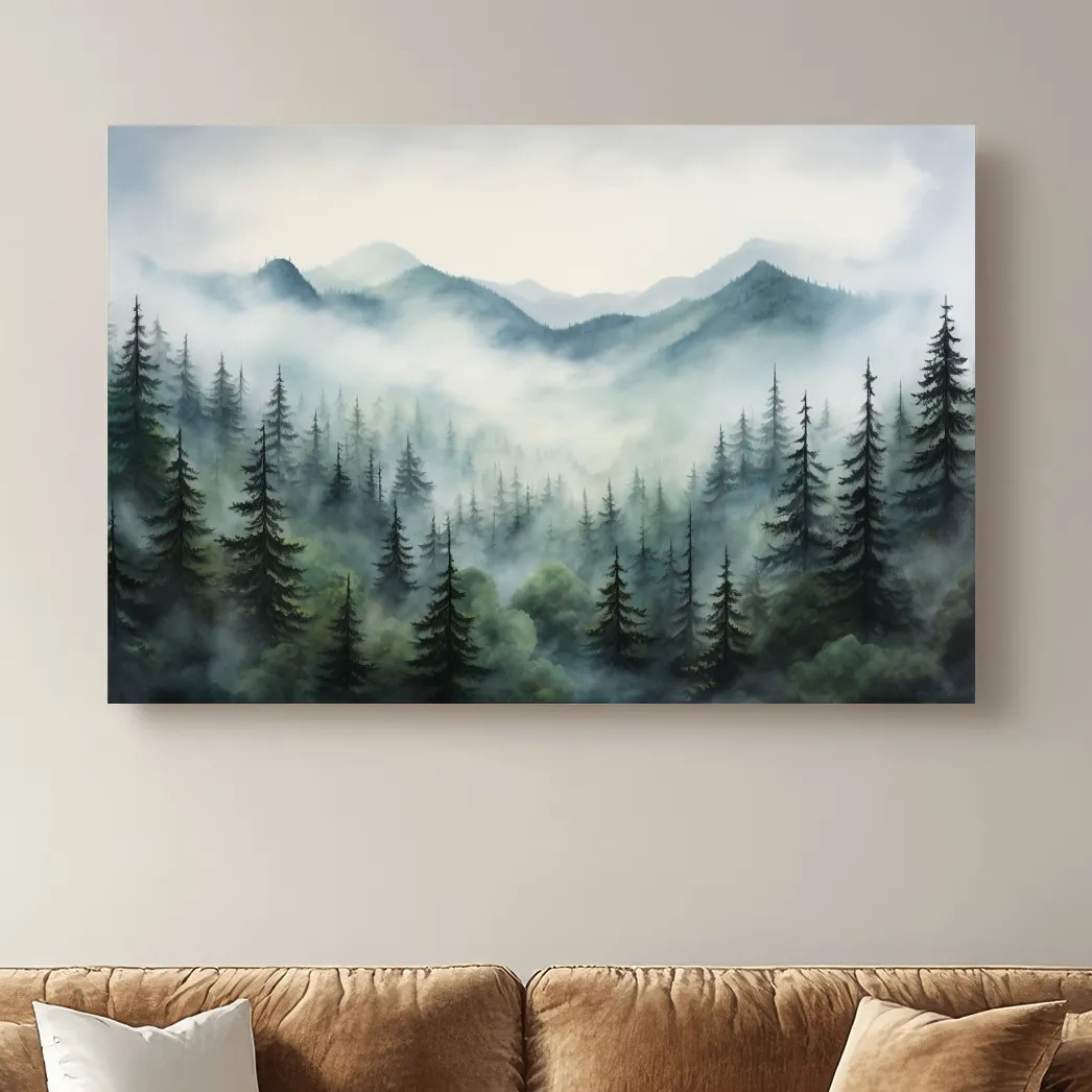 Painting of fog rolling through the trees and mountains