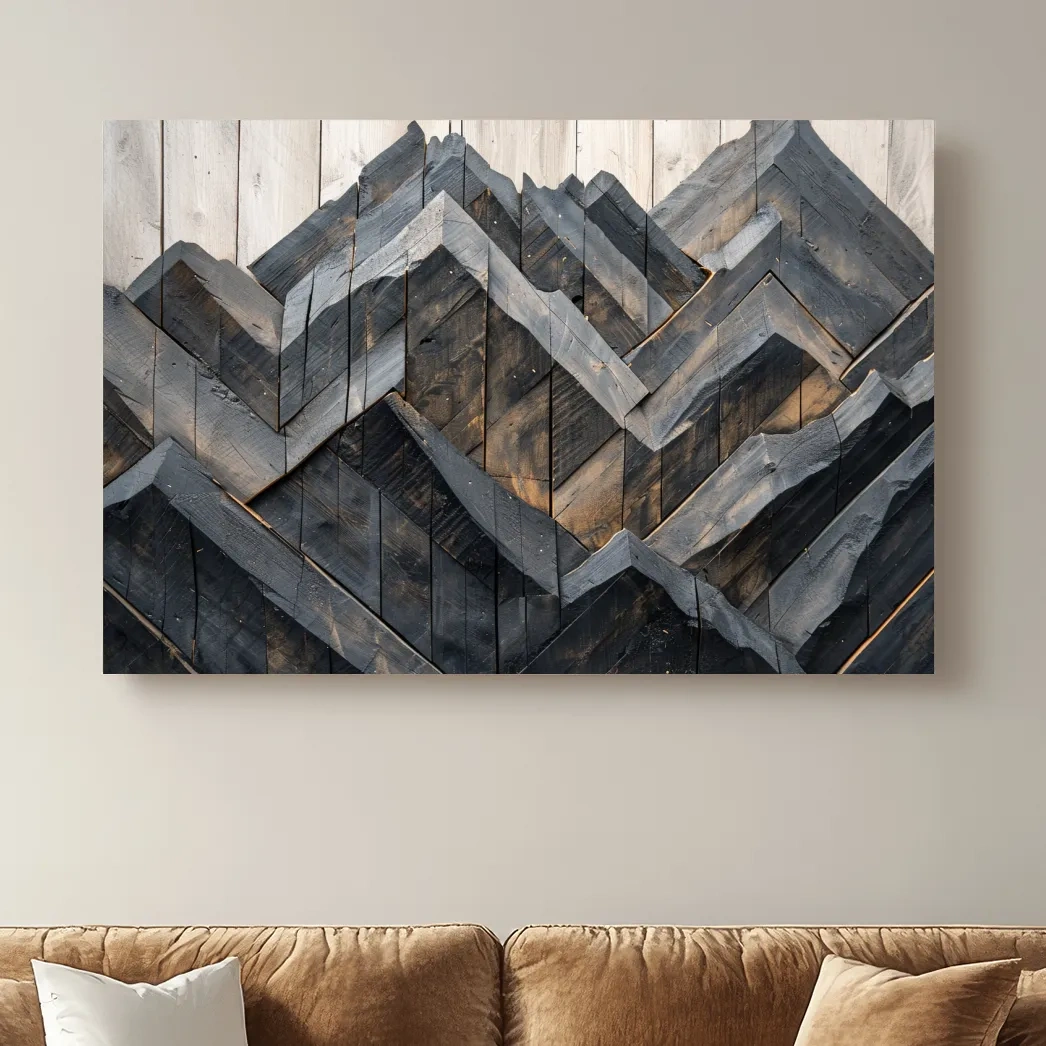 Geometric Wood Mountain Mosaic - Modern Rustic Landscape Wall Art