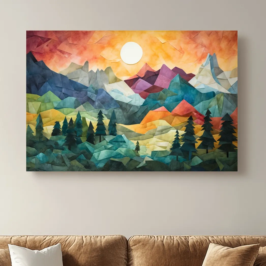 Abstract alpine mountain art at sunset, mixed media patchwork style