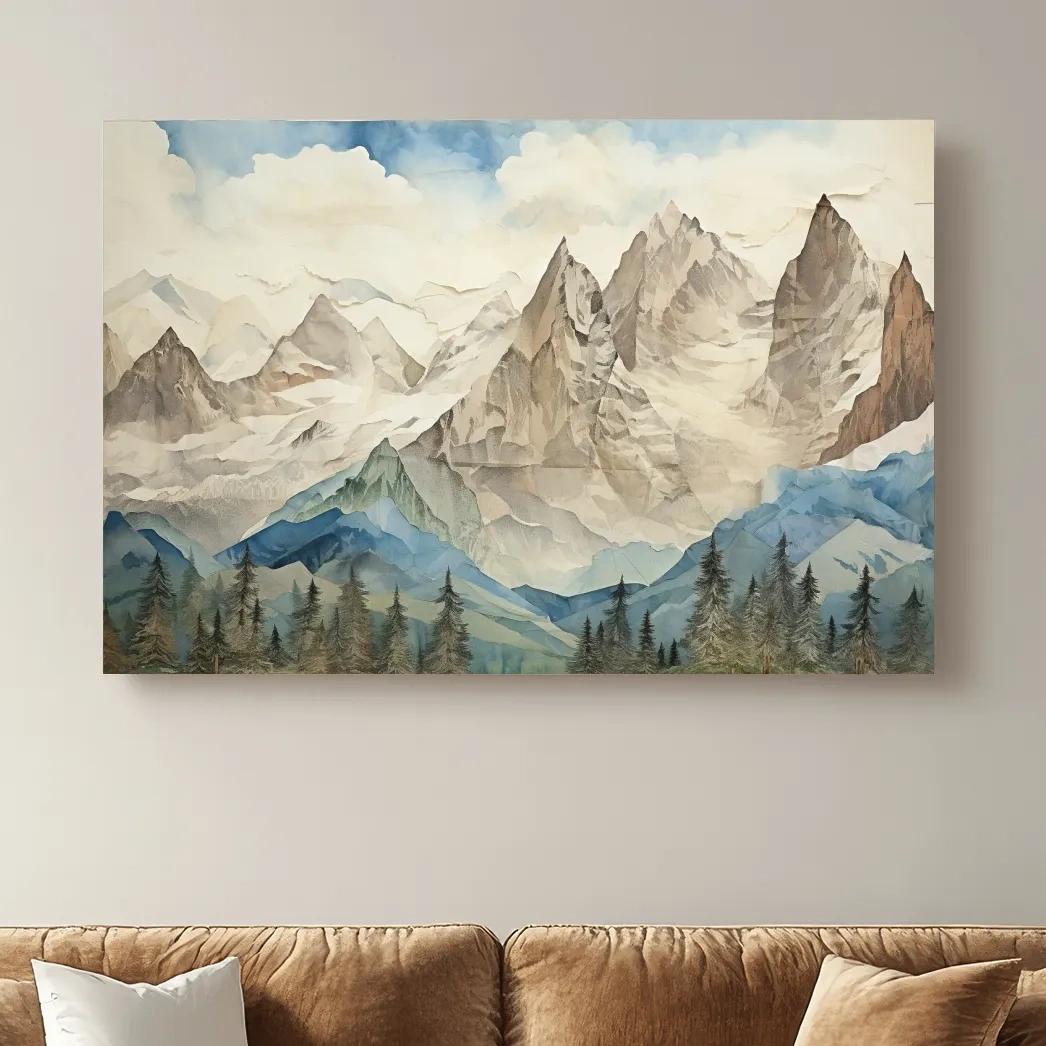 Glacier alpine forest artwork, textured effect mixed-media style wall art