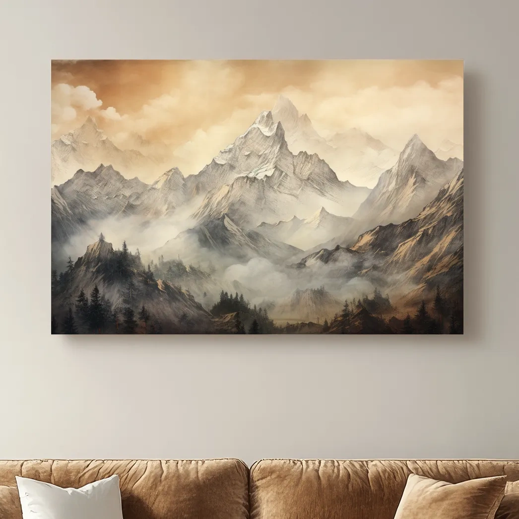 Alpine glacier scene at sunset, sketch style drawing artwork, high alpine landscape wall art