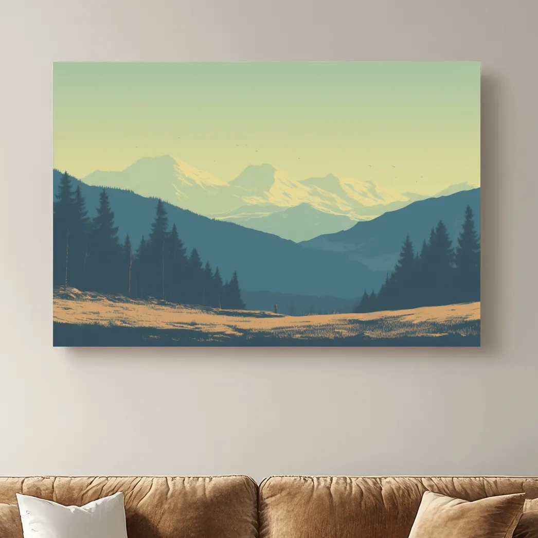 Pacific North West hazy glacier mountain scene, postcard style vector artwork