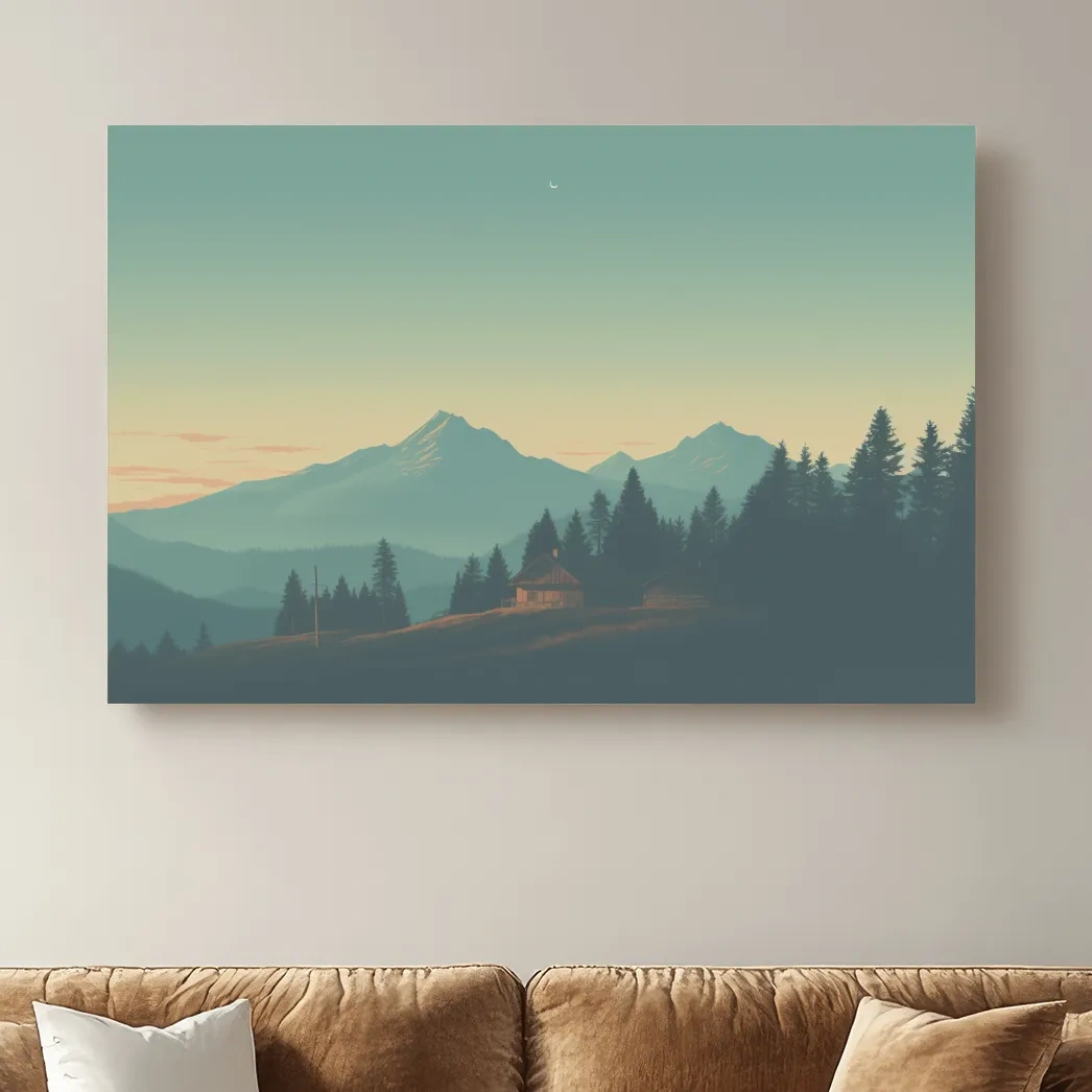 Mountain cabin in the hazy dusk, postcard style art