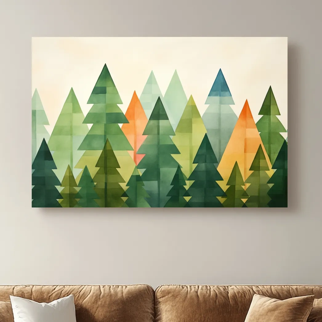 Geometric Watercolor Pine Forest Landscape - Modern Scandinavian Nature Wall Art