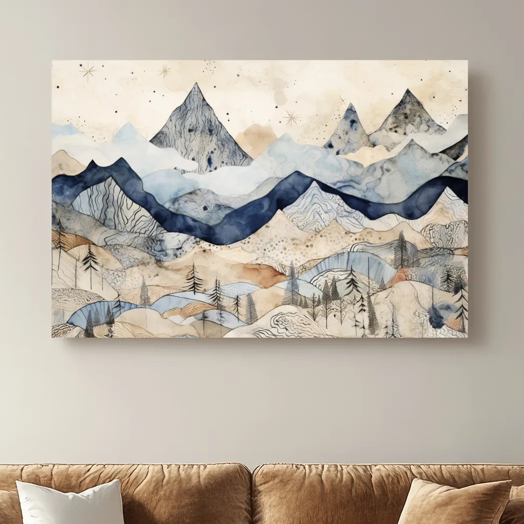 Surreal alpine mountain landscape art, patchwork style artwork