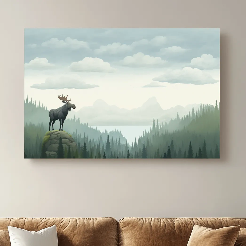 Majestic Moose Over Pine Forest - Nursery Wildlife Mountain Wall Art