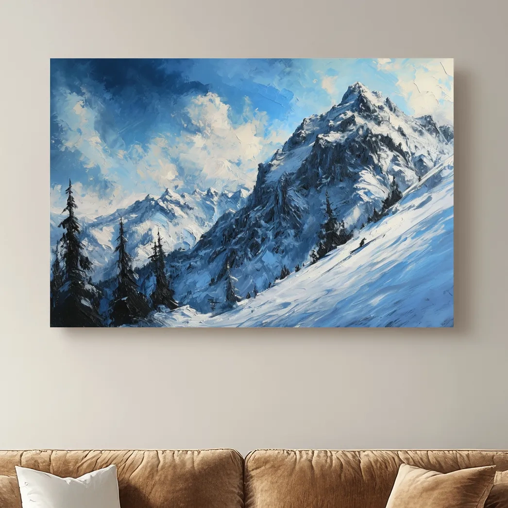 Alpine Snowy Peak Oil Painting - Moody Mountain Landscape Wall Art