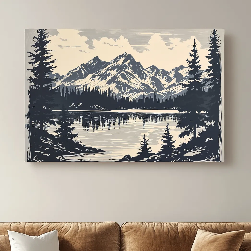 Alpine lake artwork, linocut style art