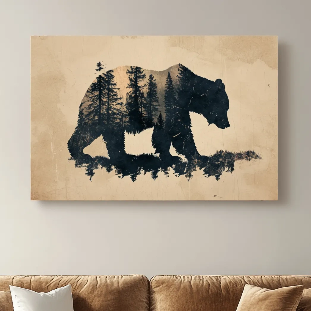 Vintage Grizzly Bear Forest Silhouette - Rustic Sepia Double Exposure Wildlife Wall Art