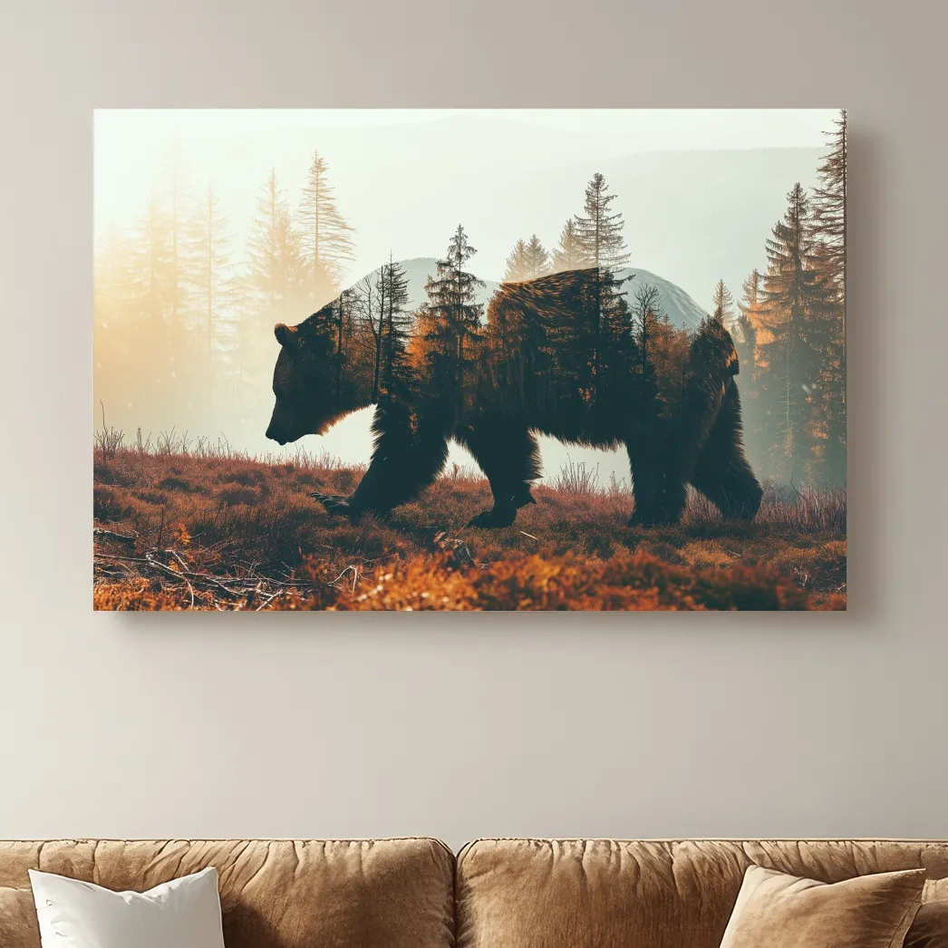 Double Exposure Grizzly Bear Forest - Misty Mountain Wildlife Photographic Artwork